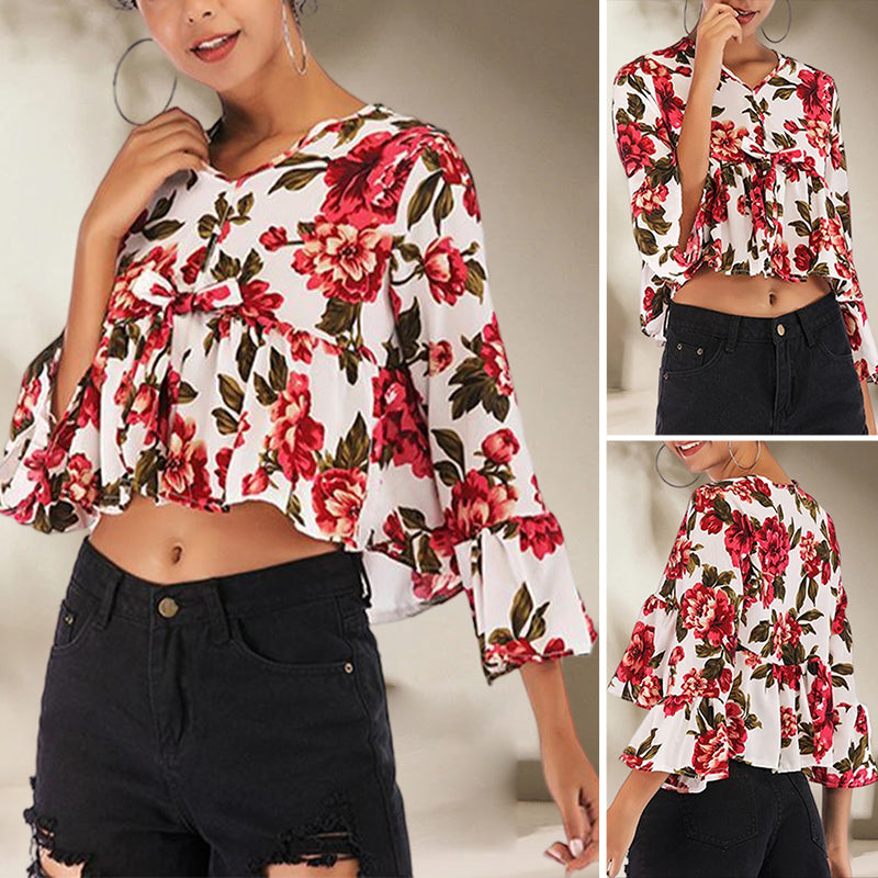 Ladies Summer V-Neck Flared Sleeve Printed Chiffon Shirt
