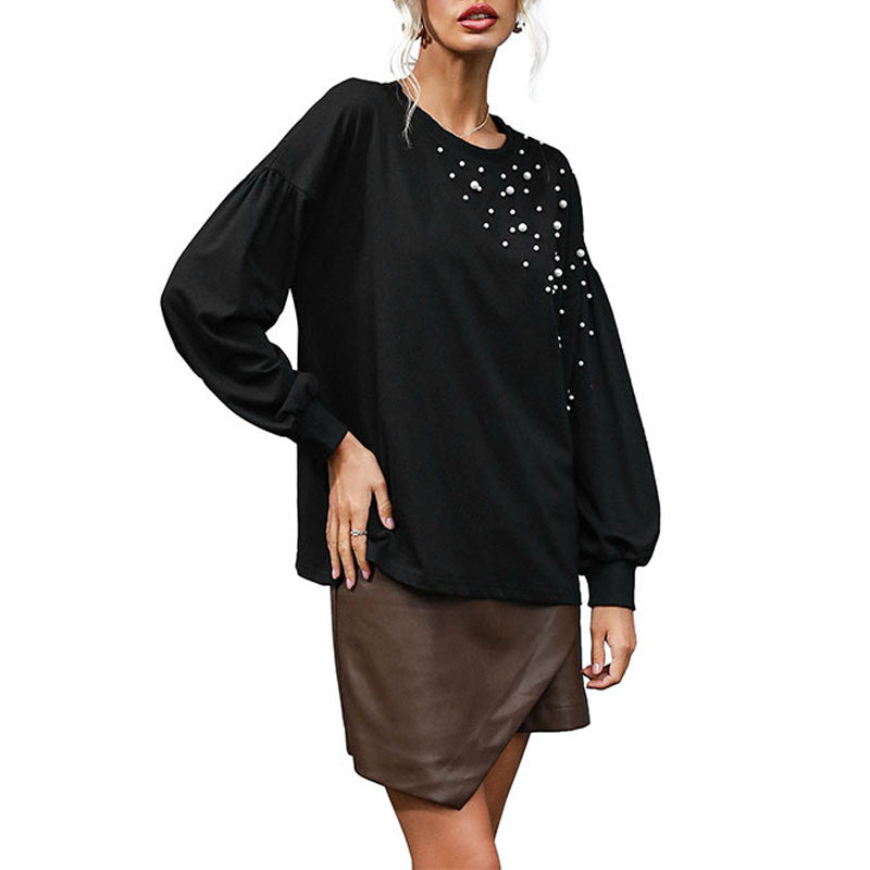 Beaded Crew Neck Knit Balloon Sleeve Top
