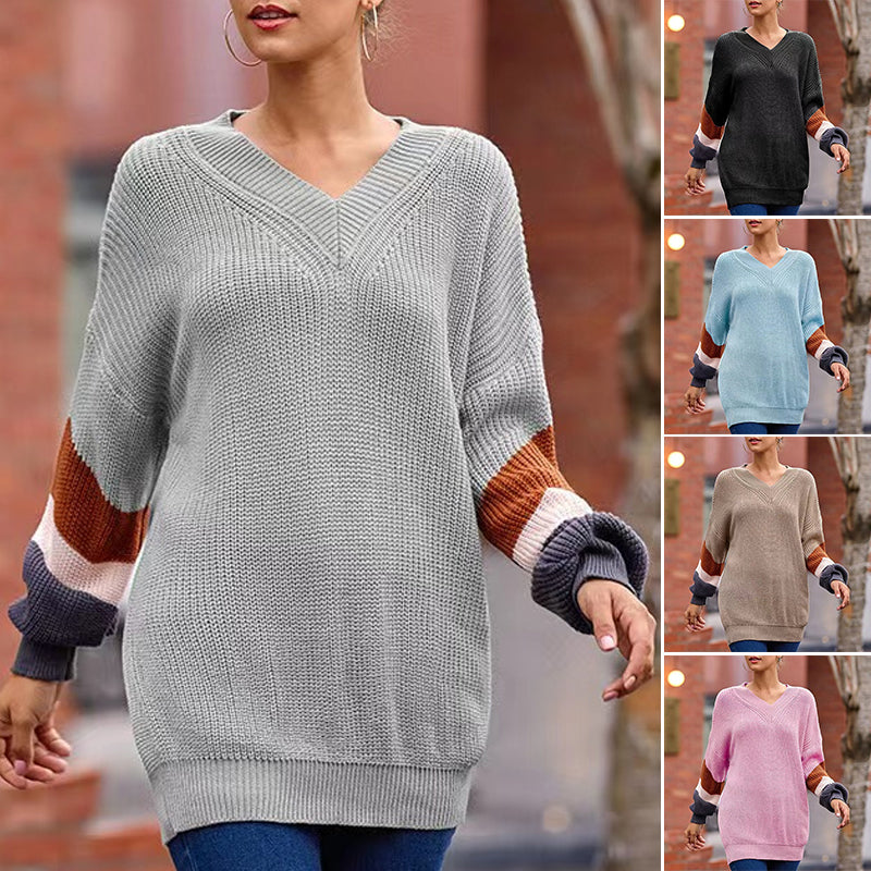 V-Neck Balloon Sleeve Striped Colorblock Knit Sweater