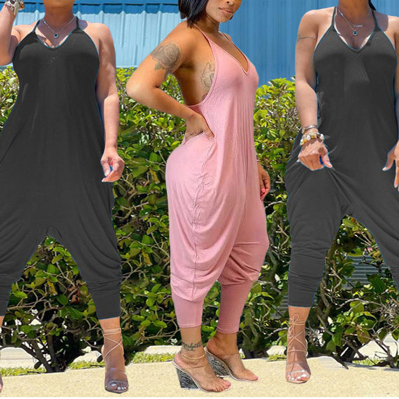 Women's Fashionable Casual Solid Color Suspender Jumpsuit