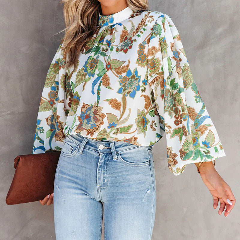 Stand Collar Balloon Sleeve Shirt