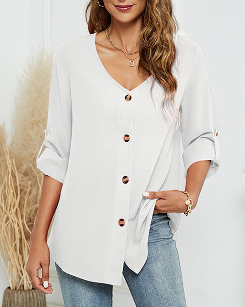 Solid V-Neck Button-Up Shirt