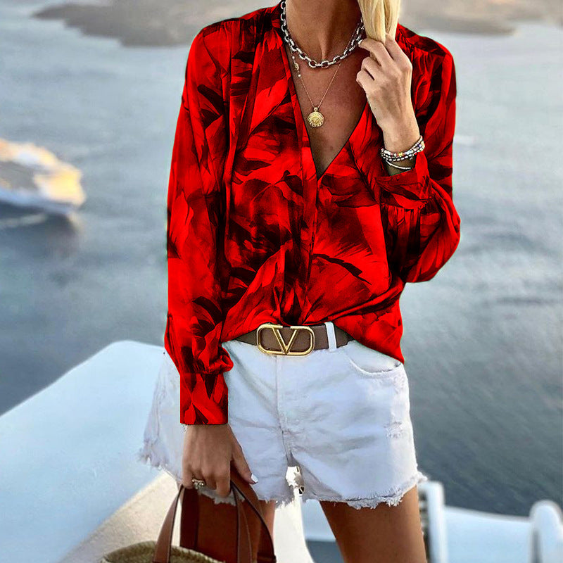Printed V-Neck Long Sleeve T-Shirt