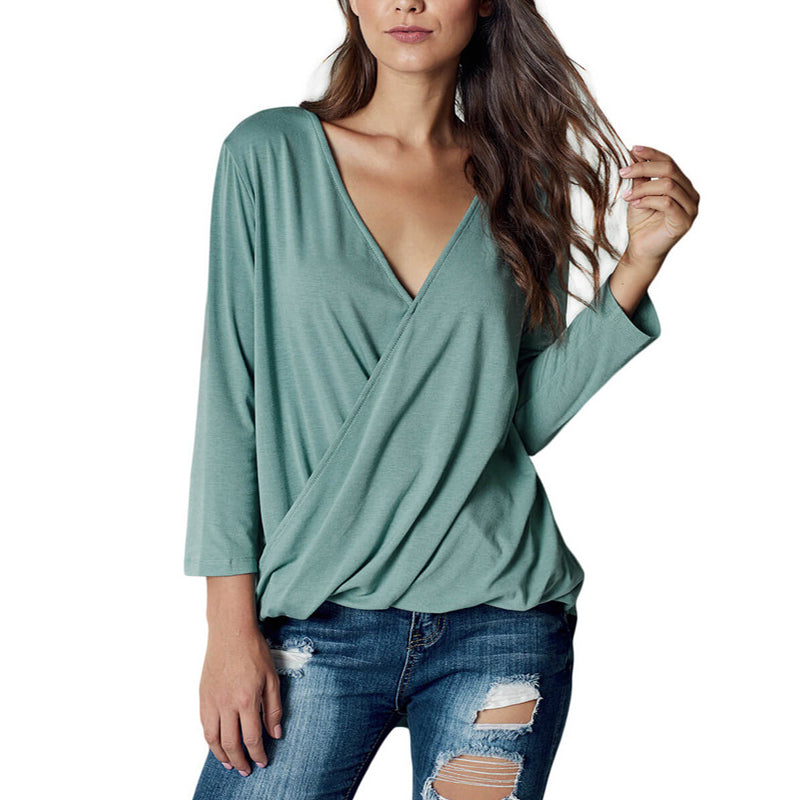 V-Neck Long Sleeve Pleated Loose Chiffon Shirt