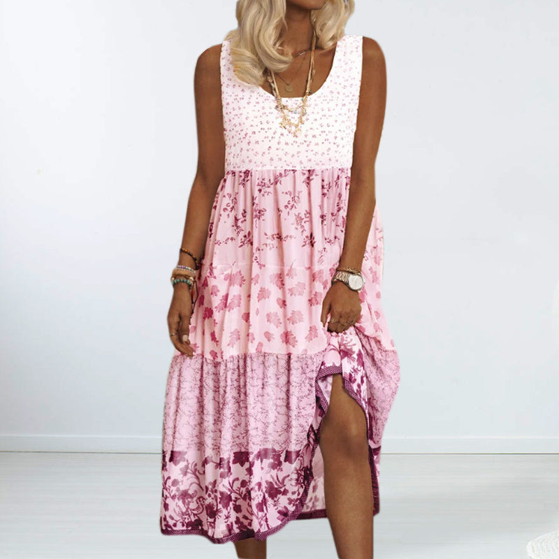 Women's Sleeveless Floral Print Summer Round Neck Dress