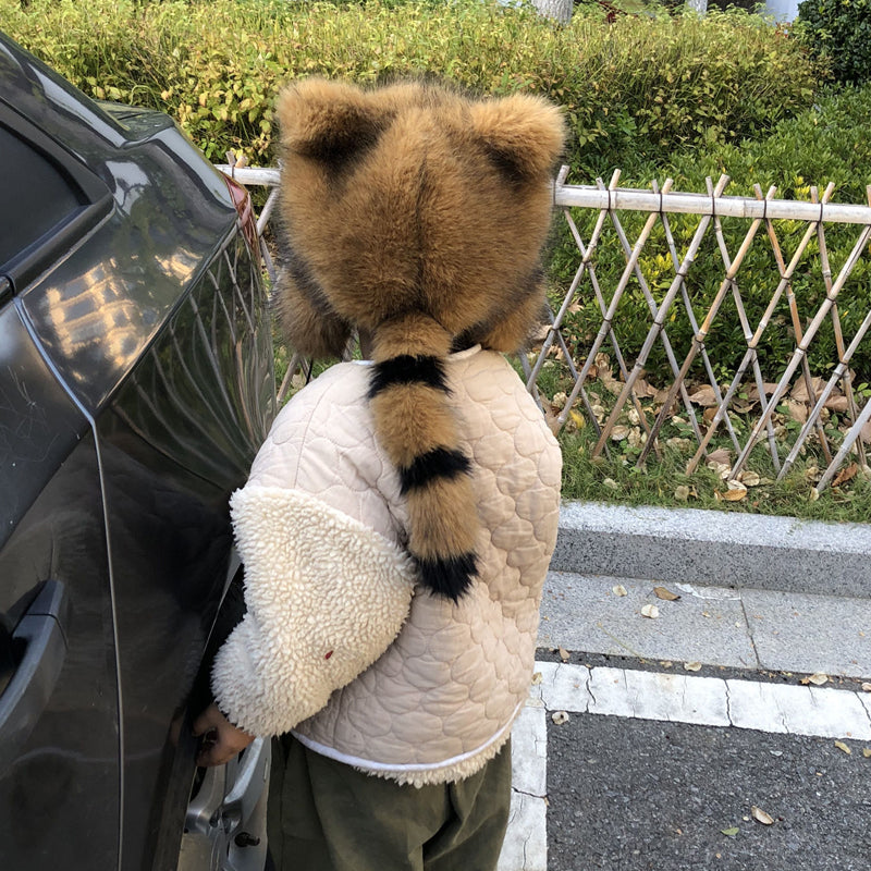 Cute faux fur raccoon tail parent-child plush hat