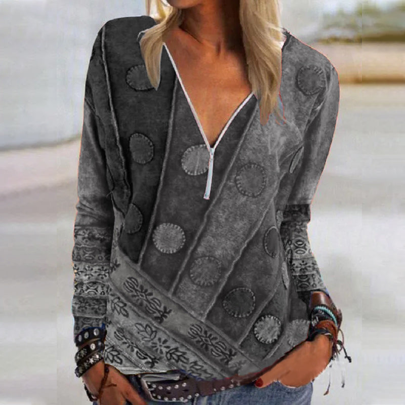 V Neck Abstract Long Sleeve Shift Shirts & Tops