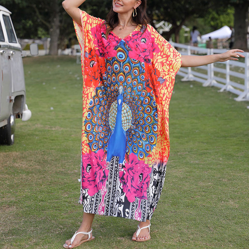 V-Neck Beach Dress With Peacock Print