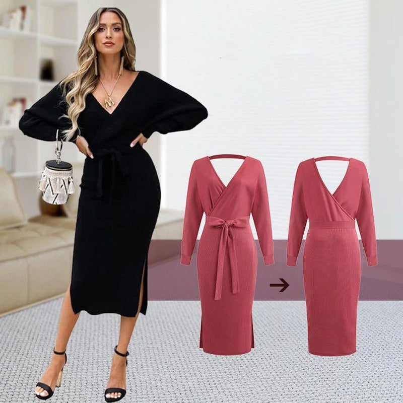 Elegant V-Neck Wrap Sweater Dress