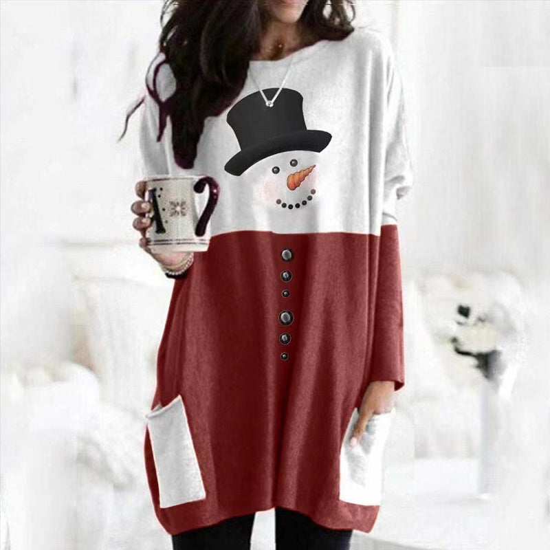 Christmas Snowman Print Long Sleeve Dress