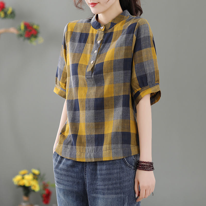 Vintage Plaid Lantern Sleeve Top