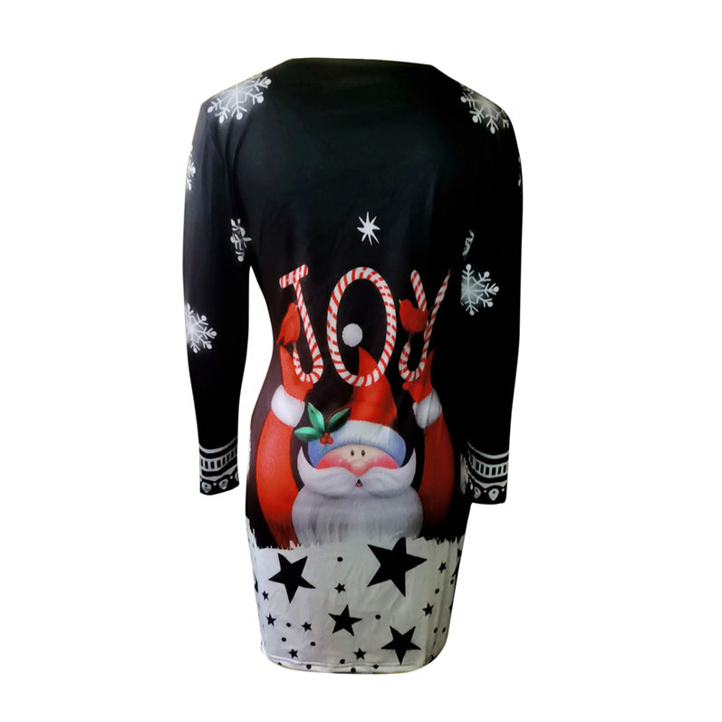 Long Sleeve Round Neck Pullover Christmas Print Sexy Pack Hip Dress