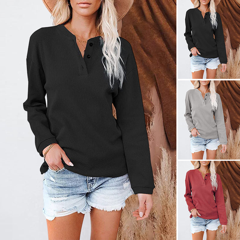 V-neck Solid Color Long-sleeved Top T-shirt