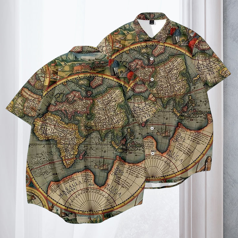 Men's Casual Vintage Map Printed Large Shirt