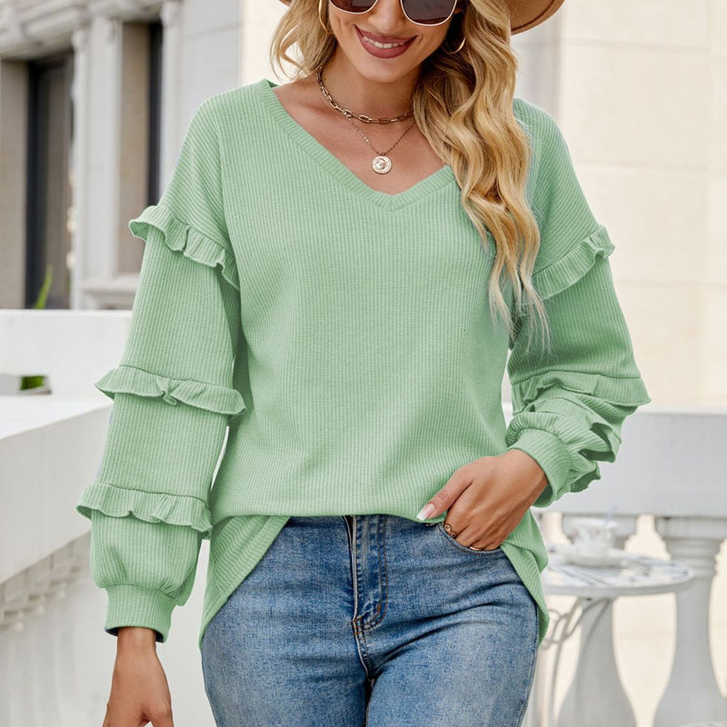 Waffle Ruffled V-neck Loose T-shirt