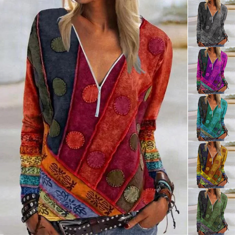 V Neck Abstract Long Sleeve Shift Shirts & Tops