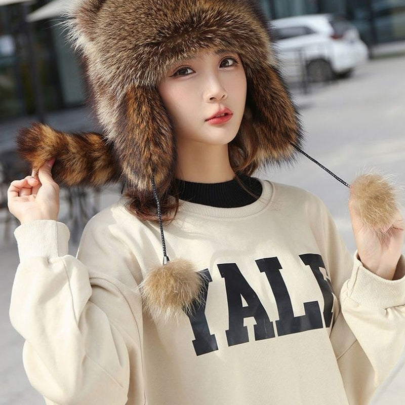 Cute faux fur raccoon tail parent-child plush hat