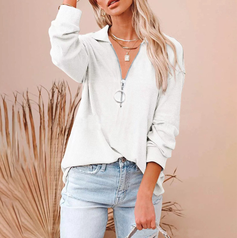 Women's Lapel Casual Zip Long Sleeve Top T-Shirt
