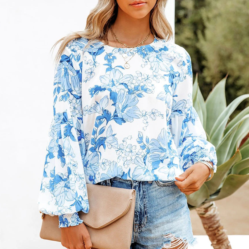 Fashion Print Balloon Sleeve Long Sleeve Top