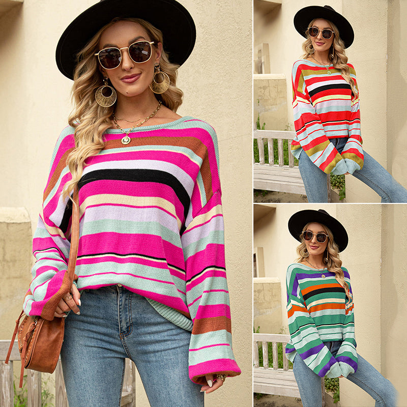 Women's Colorful Striped Crewneck Loose Knit Sweater