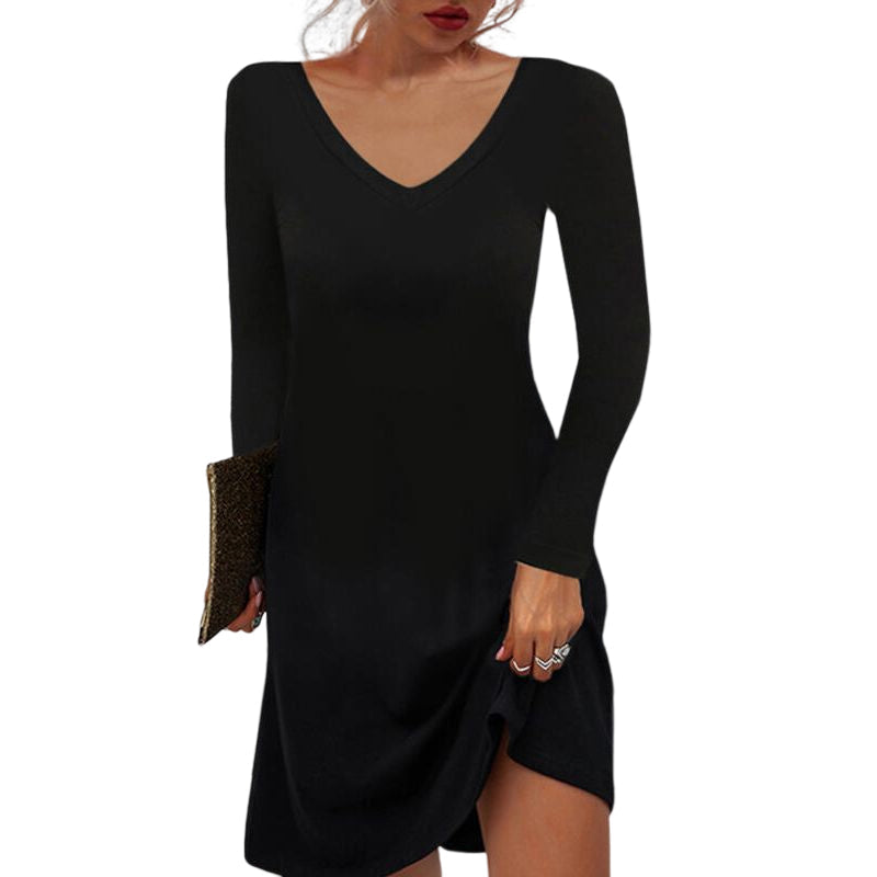 Solid Color Casual Deep V Dress