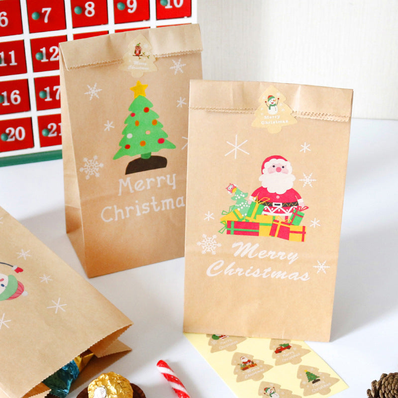 Christmas Kraft Paper Bags, 6 Bags+6 Stickers