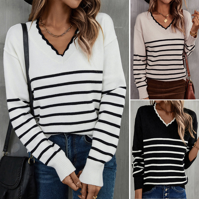 V-Neck Striped Knit Sweater