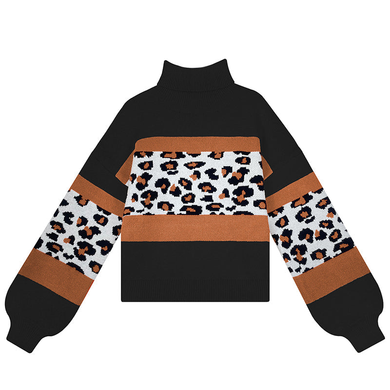 Turtleneck Leopard Print Colorblock Knitted Sweater