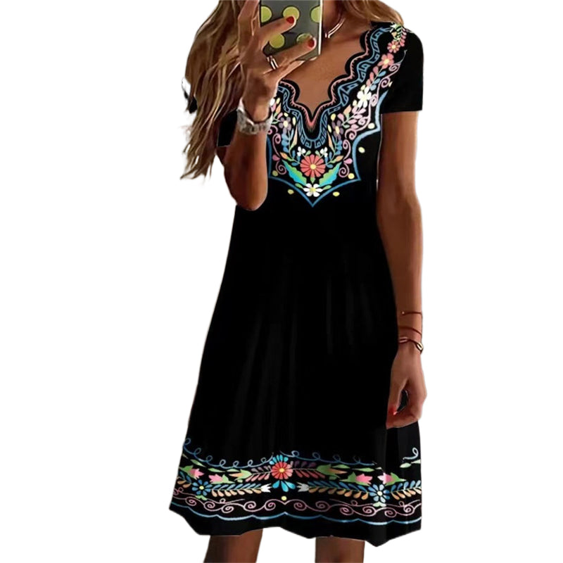 Wavy V-Neck Print Pastoral Casual Short Sleeve Dress