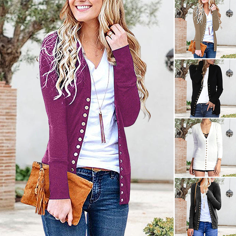 Solid Color V Neck Long Sleeve Button Cardigan