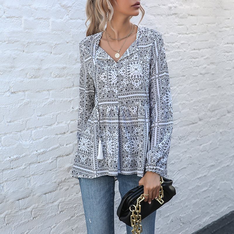 Women's Long-sleeved Printed V-neck Fringed Shirt