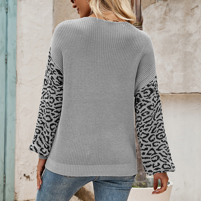 V-Neck Knit Tie-Front Leopard Print Pullover Sweater
