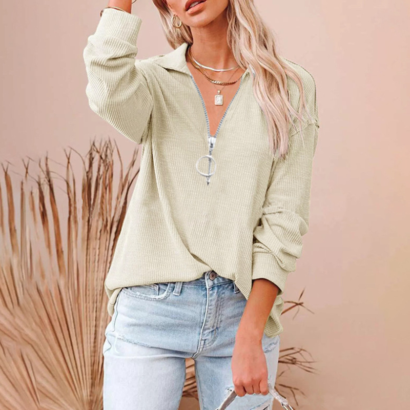 Women's Lapel Casual Zip Long Sleeve Top T-Shirt