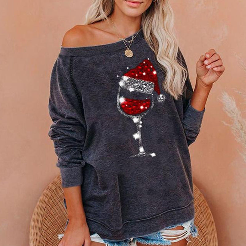 Christmas Wine Glass Print Sweatshirt