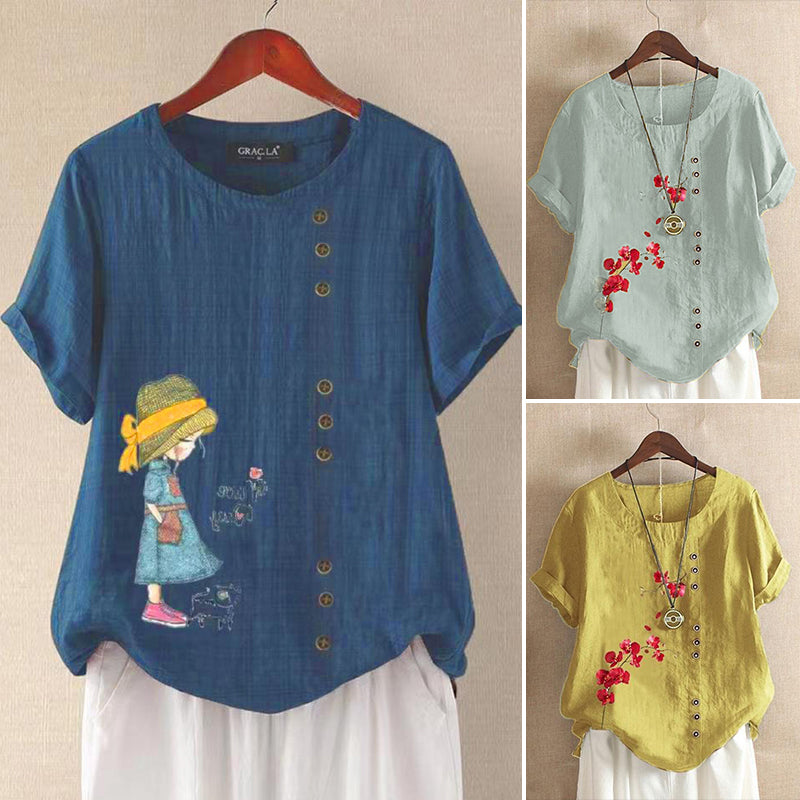 Women Cotton Linen Crew Neck Short Sleeve Tunic