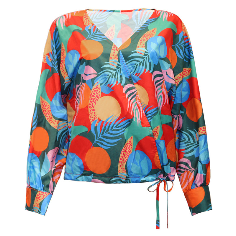 Printed V-Neck Long Sleeve Loose Casual Shirt