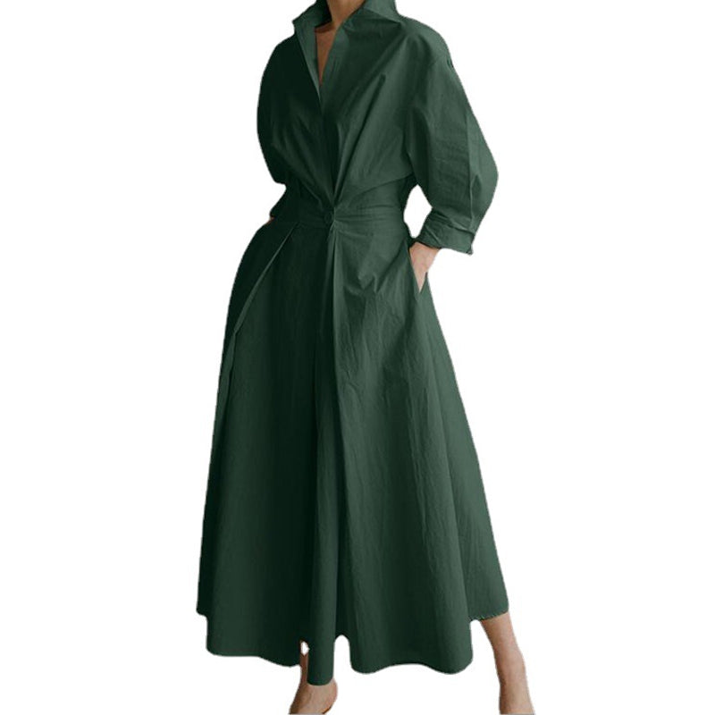 Women's Solid Pocket Button Lapel Long Sleeve Maxi Shirt Casual Dress