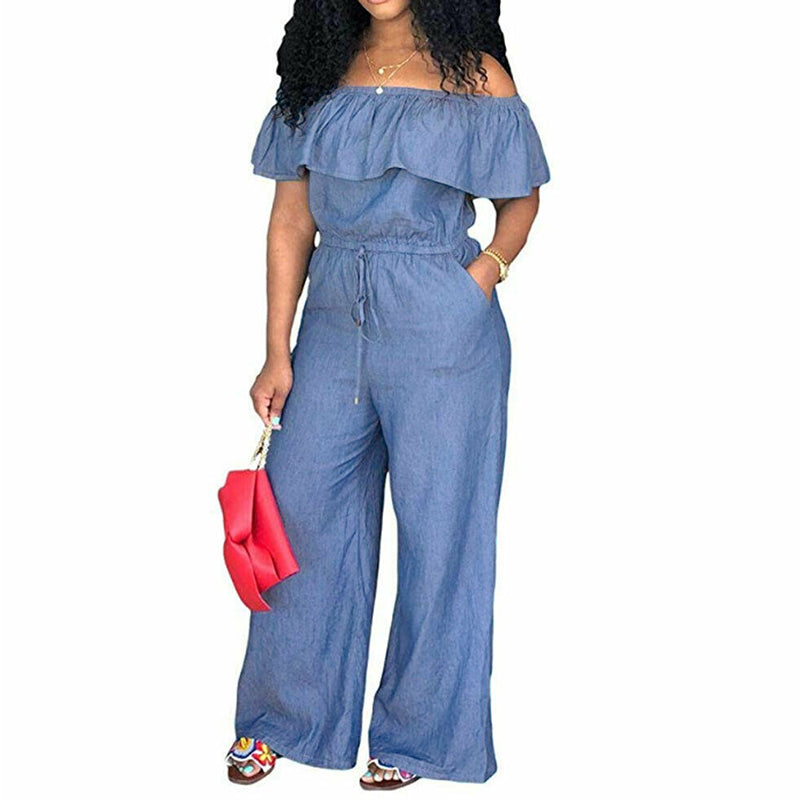 Foldover Ruffle Trim Drawstring Denim Jumpsuit