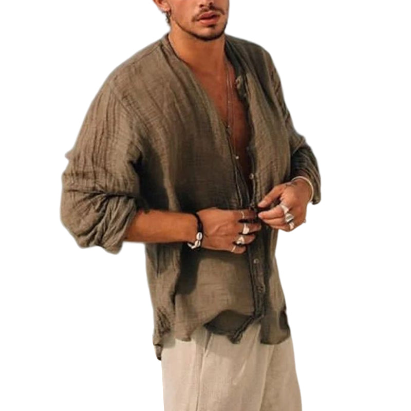 Men's Linen Simple Design Long Sleeve Shirt