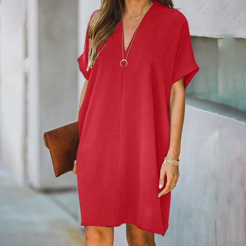 V Neck Short Sleeve Solid Color Loose Dress