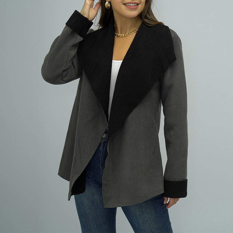 Ladies Solid Color Large Lapel Zip Loose Jacket