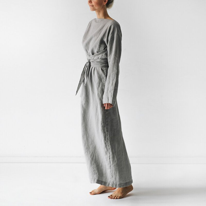 Cotton and Linen Loose Tie Long Dress