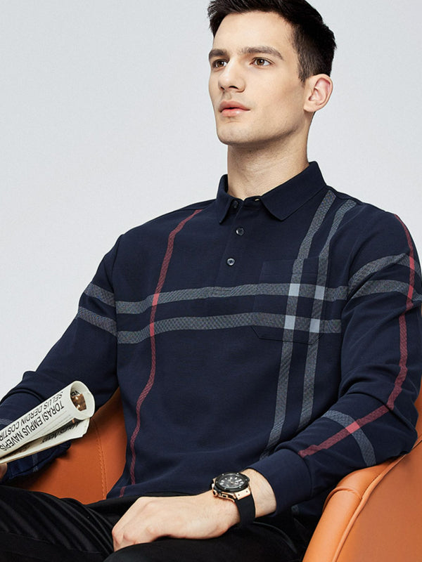 Men's Embroidered Lapel Pocket Long Sleeve Polo Shirt