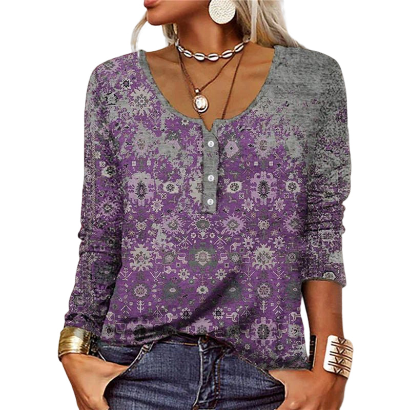 Long-sleeved U-neck Top with Buttons
