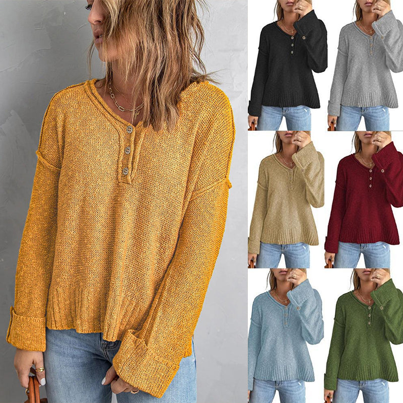 Button Knit Dropped Shoulder Sweater