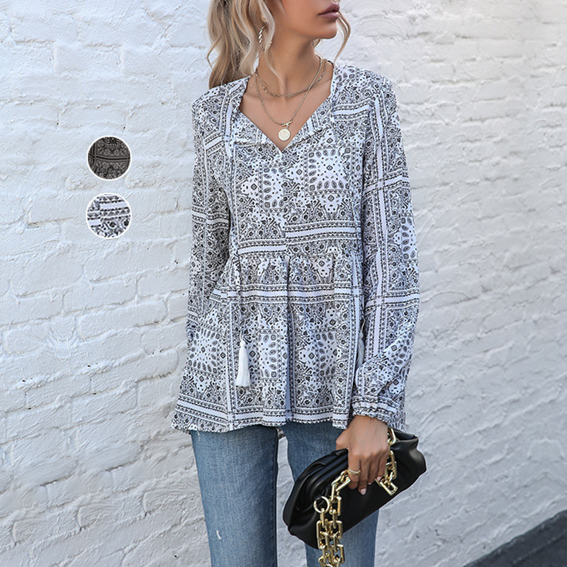 Women's Long-sleeved Printed V-neck Fringed Shirt
