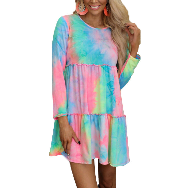 Tie-dye Printed Long-sleeve Panelled Dress