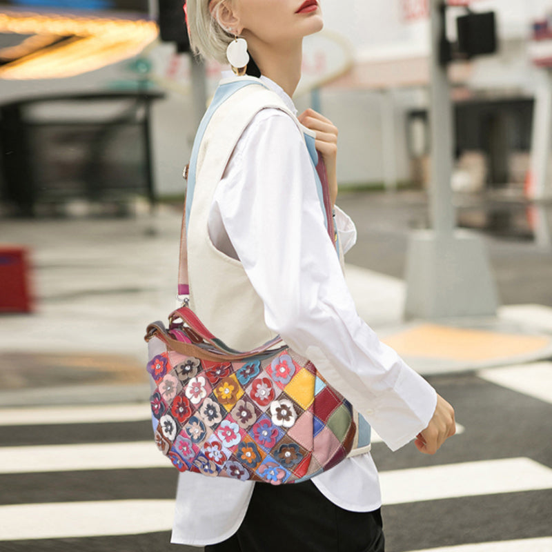 Multi-Color Floral Genuine Leather Boston Bag