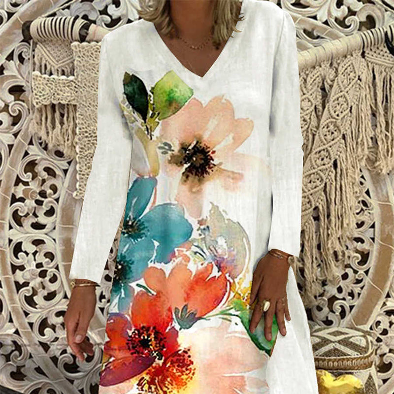 Printed Long Sleeve Crew Neck Dress