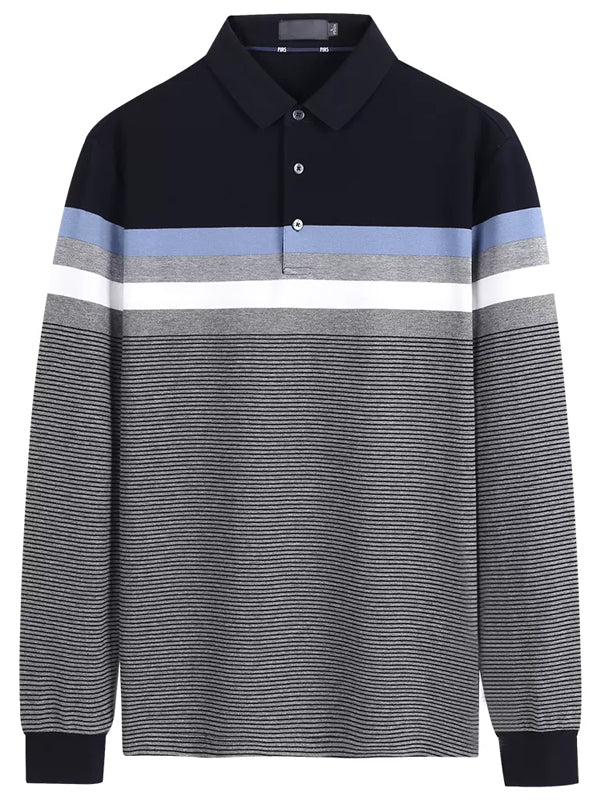 Men's Lapel Cotton Striped Long Sleeve POLO Shirt